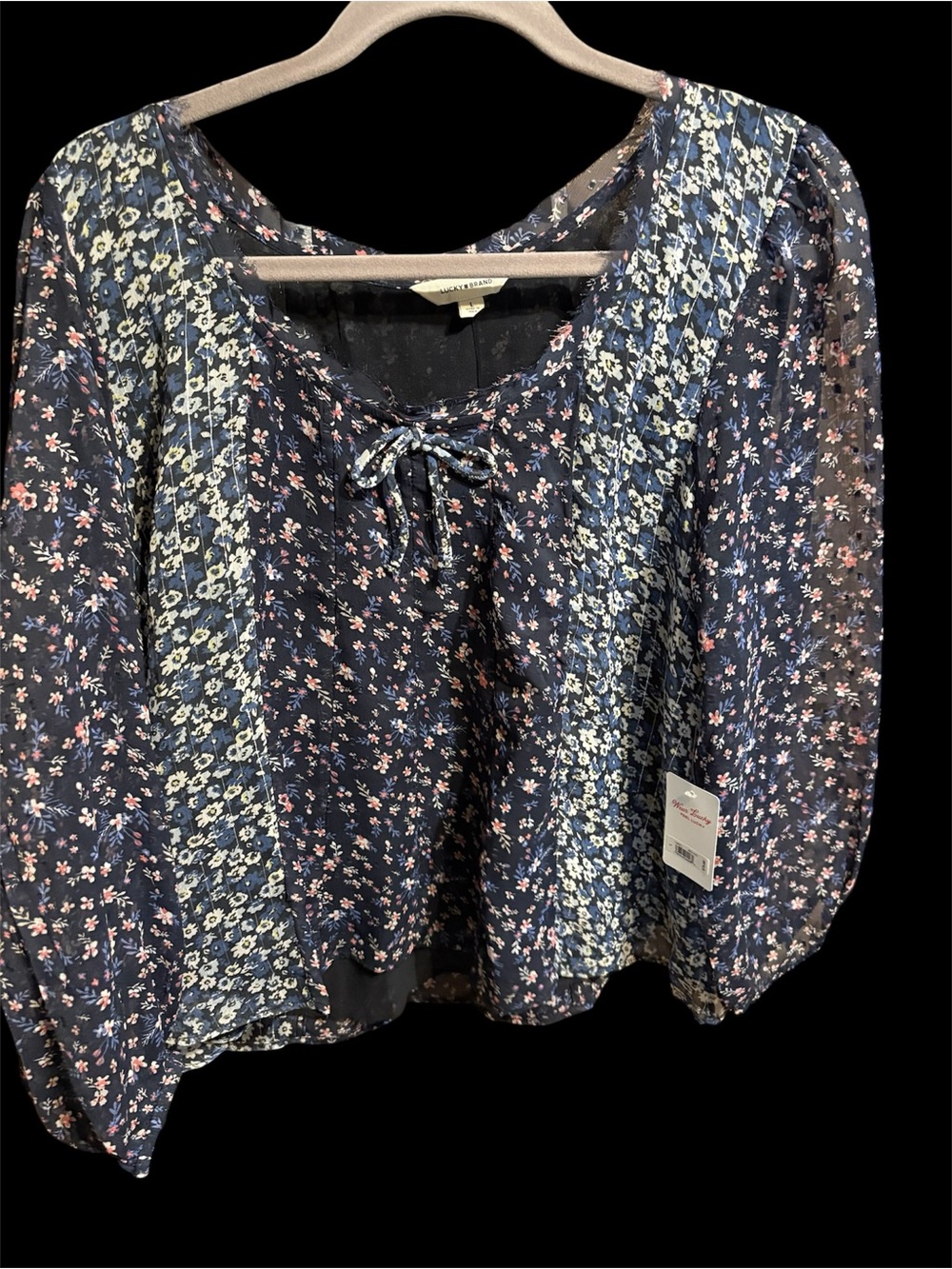 Lucky Brand Navy Floral Peasant Blouse with Tie Neck